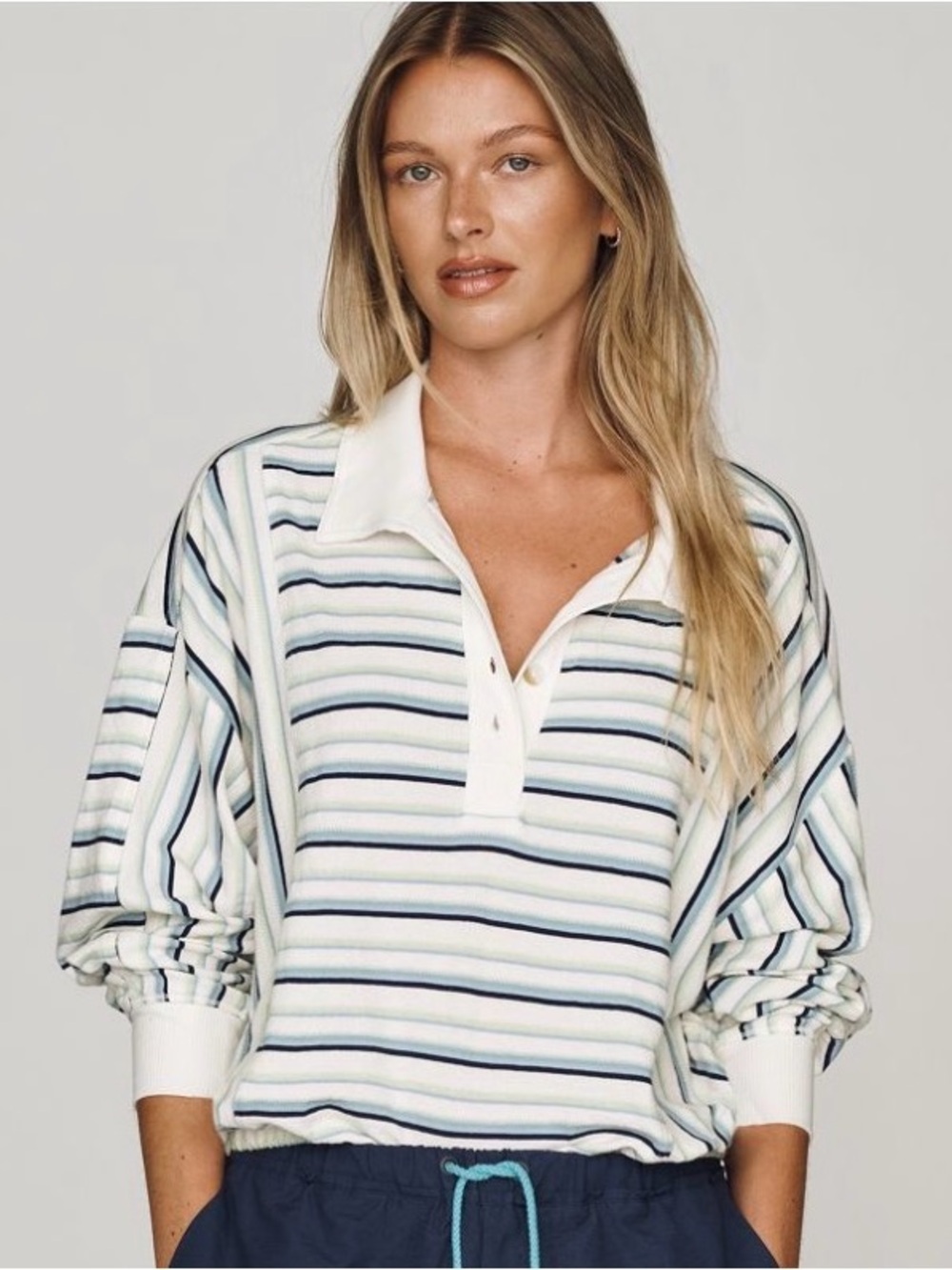 NWT Anthropologie Pilcro White & Blue 100% Cotton Striped Polo Top SZ XXS
